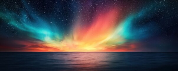 A breathtaking aurora spectacle illuminates the night sky above a tranquil ocean, blending vibrant colors with a serene atmosphere.
