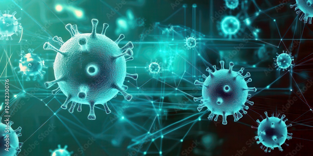 Poster abstract representation of viruses in a digital environment with interconnected lines and glowing ef