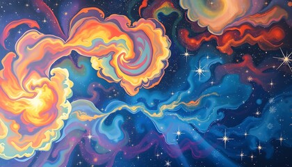 Colorful Cosmic Dance: Nebulae and Stars in Artistic Display