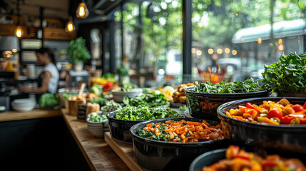 Obraz premium vibrant salad bar filled with fresh vegetables in trendy cafe, showcasing colorful ingredients and lively atmosphere