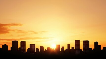 Fototapeta premium A stunning city skyline is silhouetted against a vibrant sunset, casting a warm glow over the horizon.