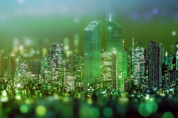 Obraz premium Futuristic Urban Skyline at Night with Neon Green Lights and Abstract Bokeh Effect Showcasing a Modern Metropolis Landscape
