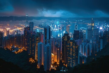 Obraz premium Nighttime Hong Kong Cityscape Skyline Illuminating Towers