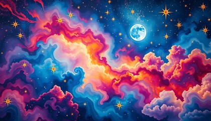 Celestial Dreamscape: Moonlit Galaxy with Colorful Clouds