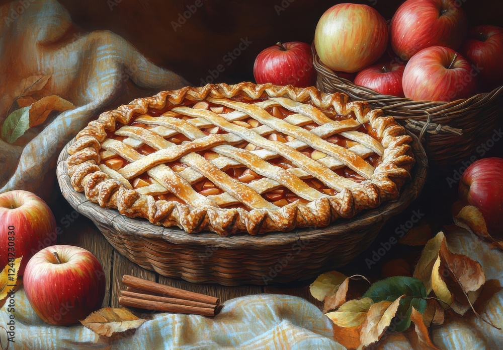 Poster freshly baked apple pie with lattice crust surrounded by juicy apples and autumn leaves on a rustic 