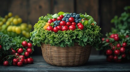 Fresh berries, vegetables, rustic basket, farm setting, healthy food