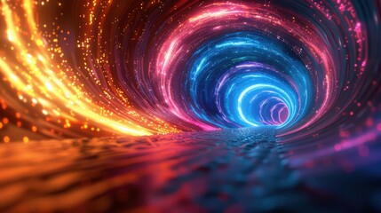 Obraz premium 3D render of a futuristic tunnel with vibrant neon lights, creating a mesmerizing pathway of colors