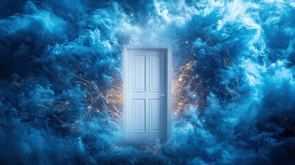 mystical door surrounded by swirling blue clouds and glowing lights, symbolizing endless possibilities and opportunities