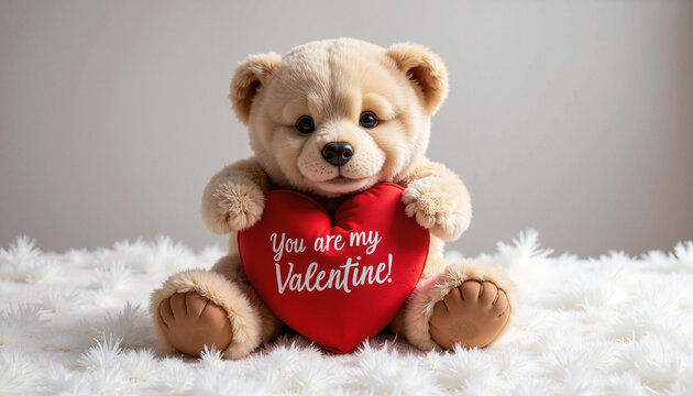 Adorable teddy bear holding a red heart with "You are my Valentine!" message for a sweet Valentine's Day gift, copy space