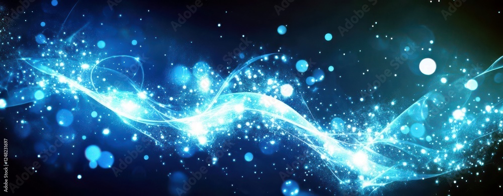 Poster captivating blue light waves with sparkling particles and glorious bokeh effect on dark background f