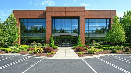 Modern brick office building exterior, landscaped grounds, sunny day, parking lot