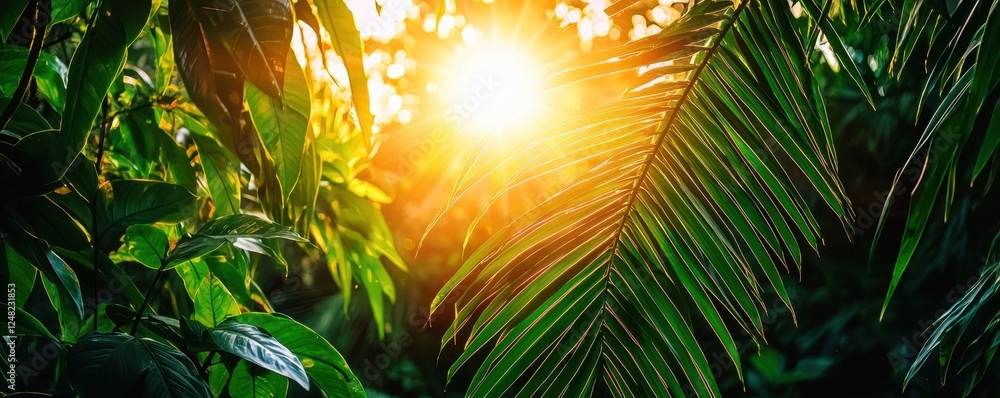 Poster lush green foliage illuminated by golden sunlight filtering through a tropical jungle, creating a se