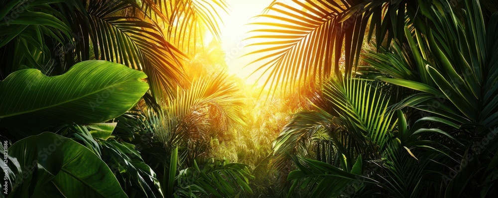 Poster lush green foliage with sunlight filtering through, creating a serene and vibrant jungle atmosphere.