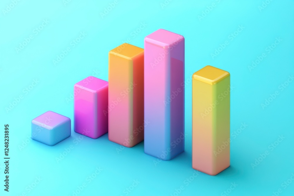 Poster colorful 3d bar graph on a blue background, illustrating data progression with varying heights and s