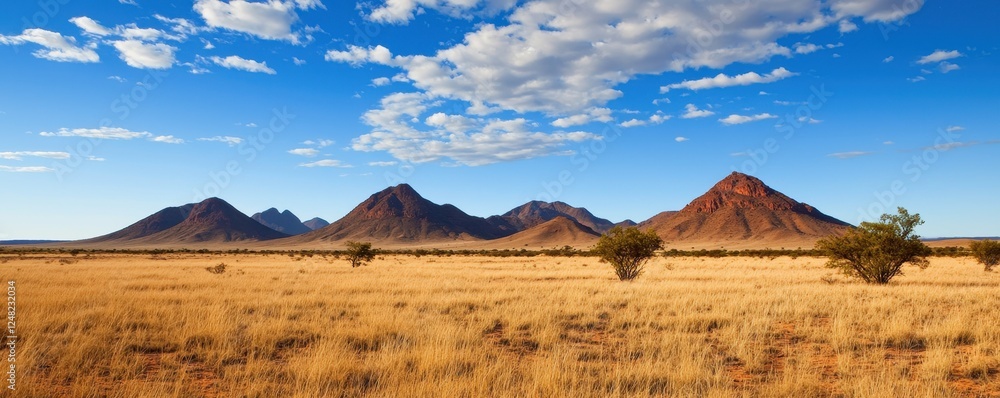 Poster a panoramic view of a dry landscape featuring distant mountains under a vibrant blue sky with scatte