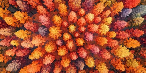 Aerial View Of Autumn Forest Canopy Showing Vibrant Colors