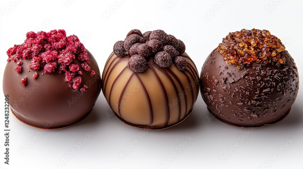 Poster minimalist display of trio of chocolate truffles with unique toppings on white backdrop