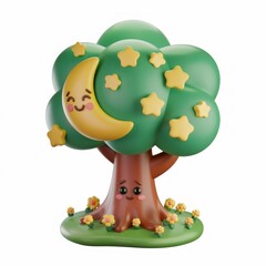 Cute cartoon tree with moon and stars at night 