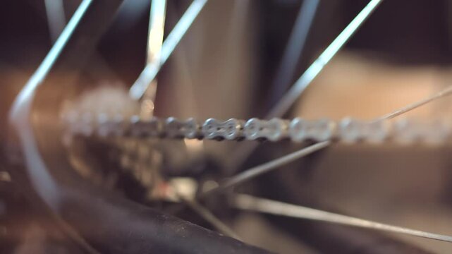 Cyclist on bicycle drivetrain system chain rotating	
