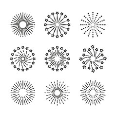 Obraz premium Set of line sparkle explosion burst stars and sparks. Outline firework symbols. Birthday party isolated elements. Happy new year shiny icon on white background. Vector illustration.