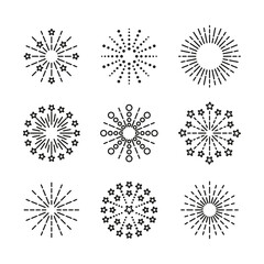 Happy new year shiny symbol. Firework icon. Vector. Linear sparkle explosion. Set of burst stars, sparks and salute isolated on white background. Outline birthday party elements. Simple illustration.