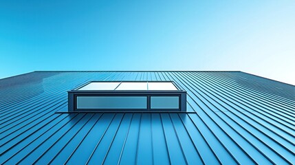 Modern building, rooftop skylight, blue metal siding, clear sky, architectural design
