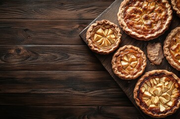 Fototapeta premium Freshly Baked Apple Pies on Wooden Platter Surrounded by Rustic Background with Golden Crusts and Warm Textures Perfect for Culinary Themes