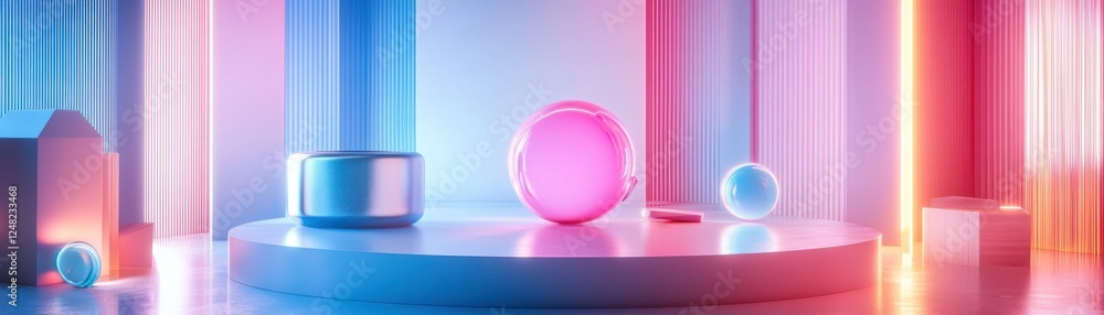 Poster a vibrant display of modern decorative objects illuminated by colorful lighting against a backdrop o