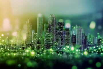 Obraz premium Vibrant Cityscape with Abstract Lights, Modern Skyscrapers, and Colorful Bokeh Creating a Dreamy Urban Atmosphere in a Digital Art Style