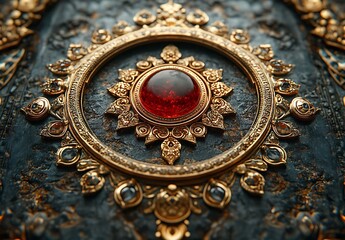 Golden Ornament with Red Gem Surrounded by Floral and Circular Patterns


