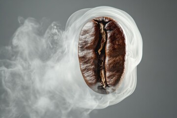 Naklejka premium A single coffee bean is surrounded by swirling white smoke