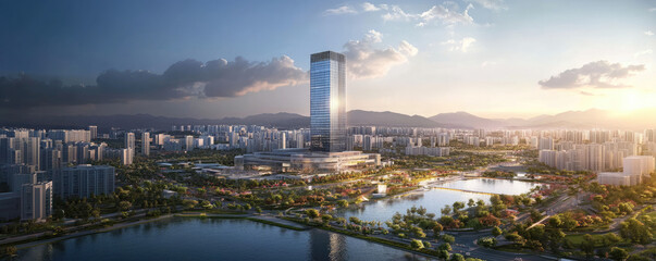futuristic cityscape, gleaming skyscrapers, central park-like green space, winding river, golden sunset, aerial view, urban utopia, high-rise buildings, modern architecture, reflective glass towers