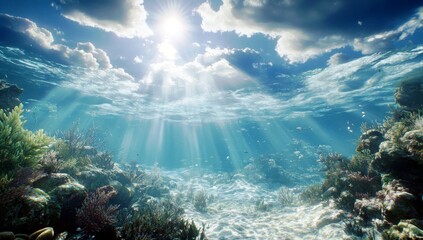 Naklejka premium Serene Underwater Scene with Sunlight Rays, Colorful Coral Reef, and Vibrant Marine Life in a Clear Tropical Ocean Environment