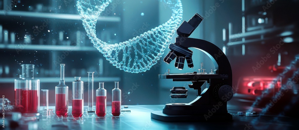Poster advanced laboratory scene with microscope analyzing dna structure surrounded by test tubes and scien