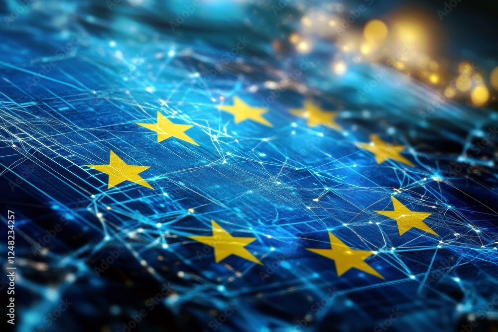Aufkleber abstract digital background featuring european union flag with stars and network connections in blue