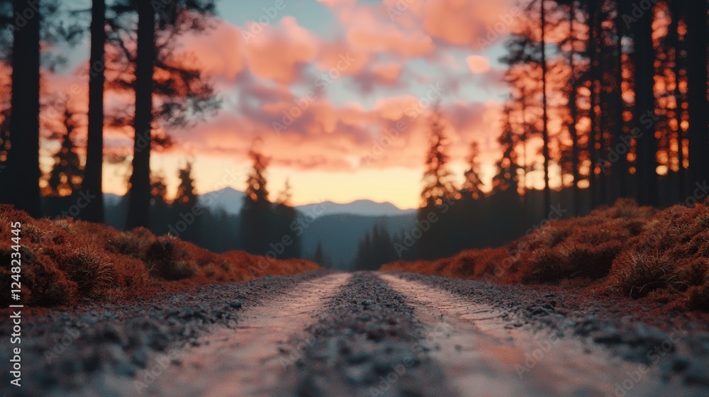 Poster a serene dirt road through a forest, framed by trees and a vibrant sunset sky, creating a peaceful a