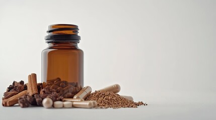 Brown Glass Bottle with Herbal Supplements and Coffee Beans on Display