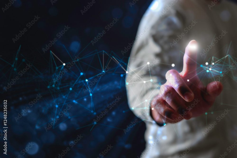 Aufkleber data digital transformation hand touching the universe, a conceptual shift in digital transformation