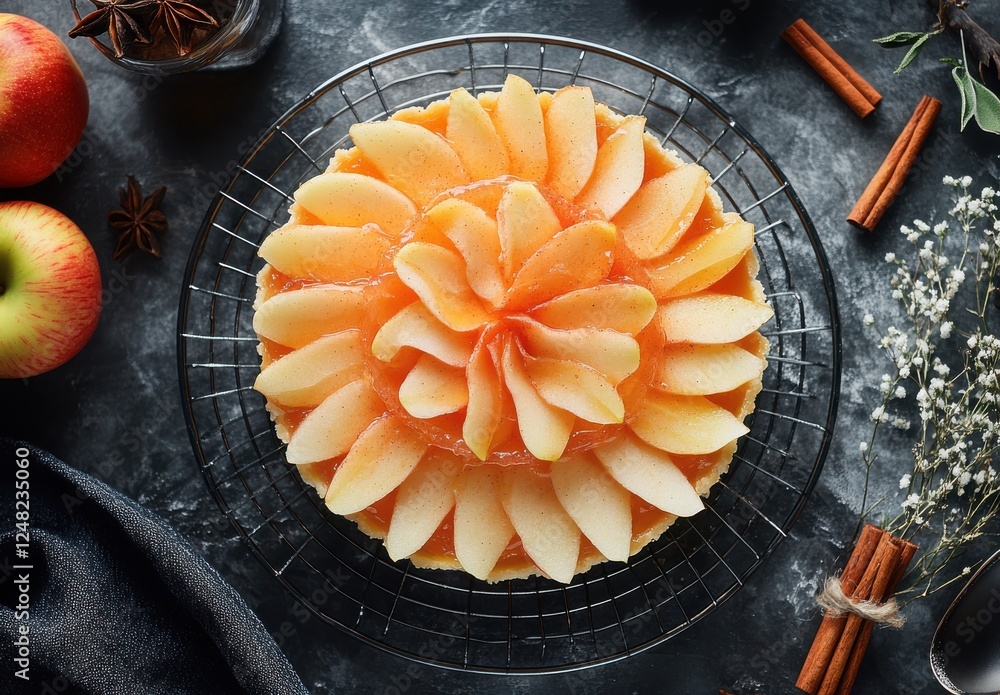 Poster freshly baked apple tart with sliced pears and delicate design on rustic dark stone background with 