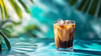 Chilled iced coffee in a glass, set against a vibrant tropical backdrop; ideal for refreshing drink and summer lifestyle imagery.