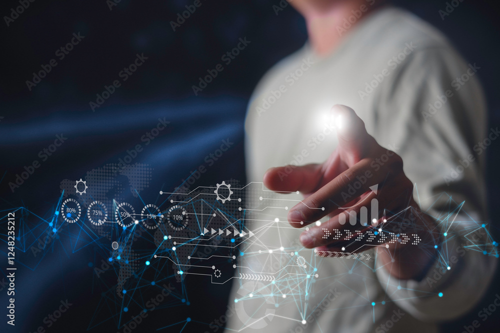 Aufkleber data digital transformation hand touching the universe, a conceptual shift in digital transformation