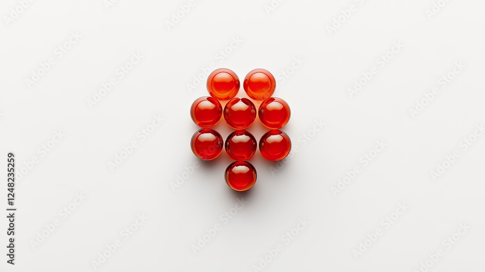 Poster red translucent spheres arranged in a geometric pattern on white background