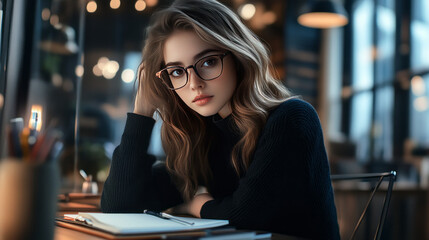 a young woman with wavy blonde hair, standing in a brightly lit office hallway, 