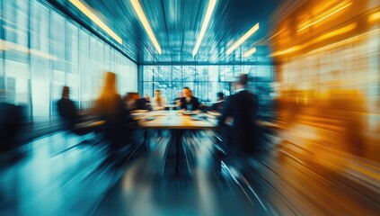 Dynamic business meeting in a modern office with blurred motion effect, showcasing corporate employees working at tables. Ideal for website banners, social media posts, and advertising campaigns.