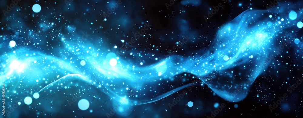 Aufkleber luminous blue flowing wave with glowing particles against a dark background for abstract design or b