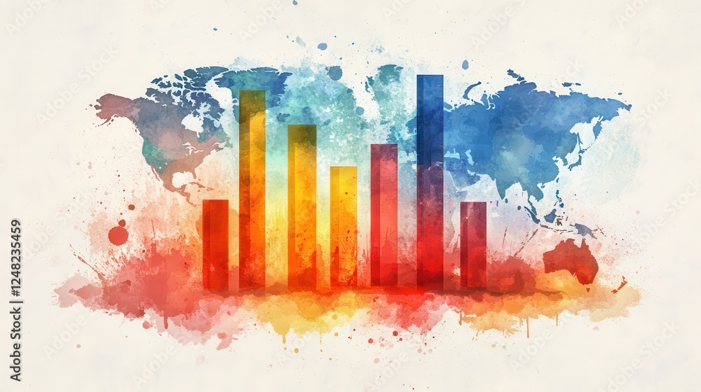 Poster a colorful, artistic representation of a world map with bar graphs, symbolizing global data and anal