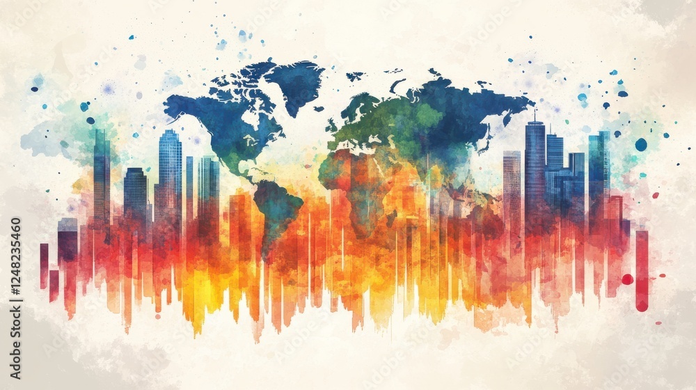 Poster a colorful artistic representation of a world map integrated with a skyline, blending global and urb