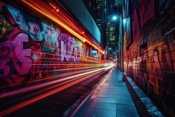 Obraz premium Night city alley, vibrant graffiti, light trails, urban background, website banner