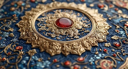Obraz premium Ornate Golden Floral Design with Red Gem on Blue
