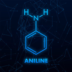 Aniline molecule glowing on dark blue background with connecting dots